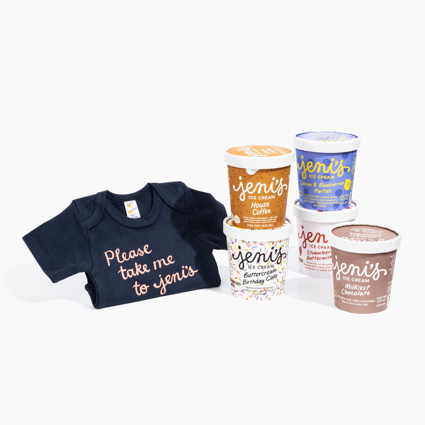 Navy baby onesie with 'Please take me to Jeni's' text and Jeni's ice cream containers on a white background
